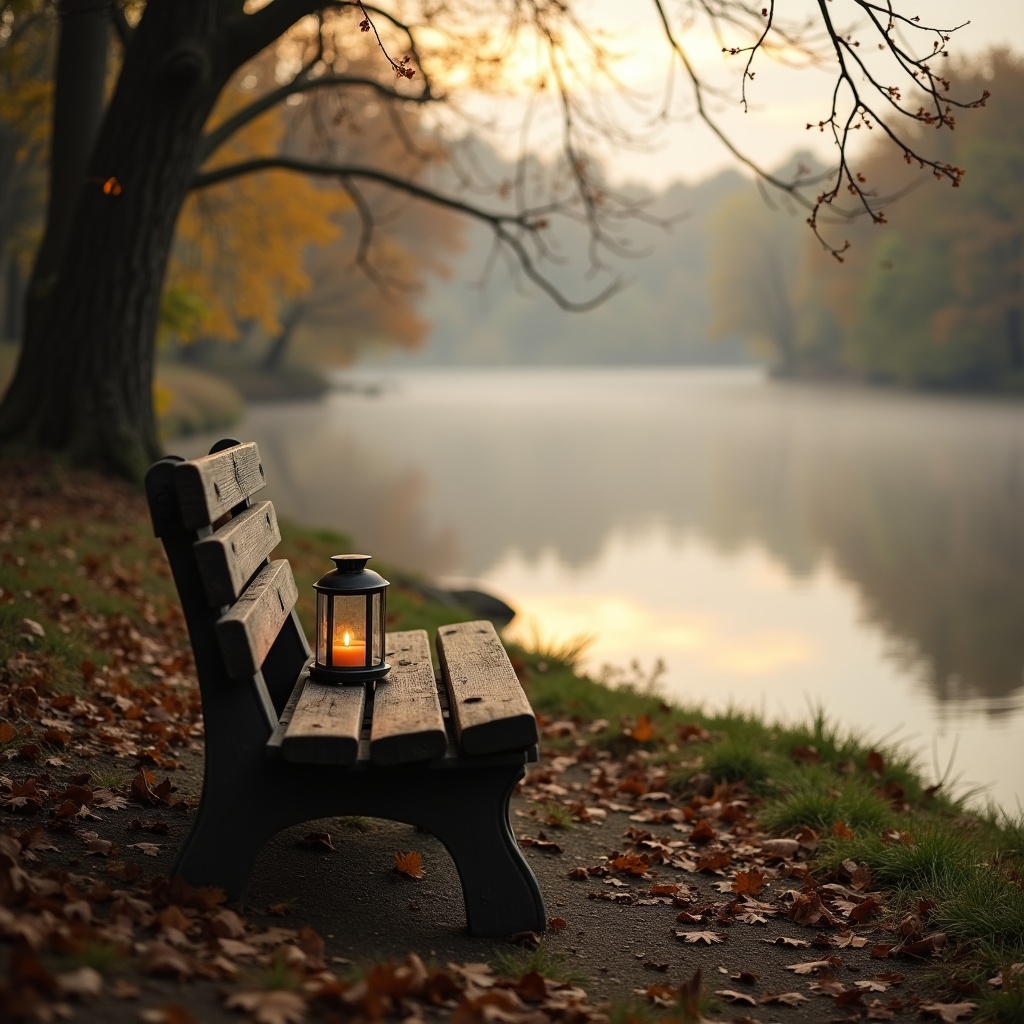 Bank am Flussufer mit Laterne im Herbst