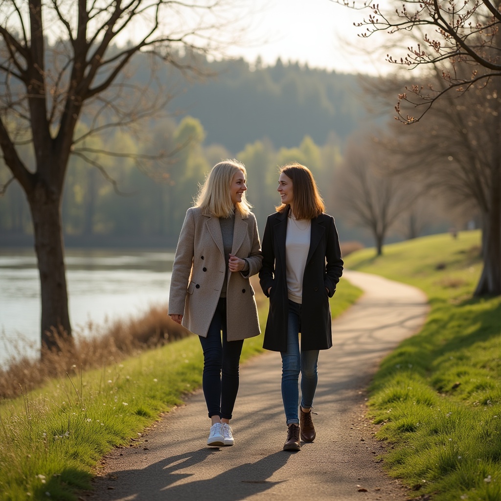 Zwei Frauen beim Spaziergang an der Elbe